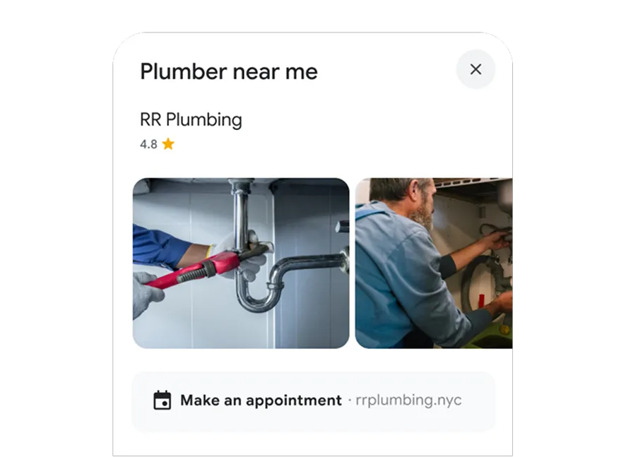 Google’s Business Profile example showing a local search, business photos and appointment option