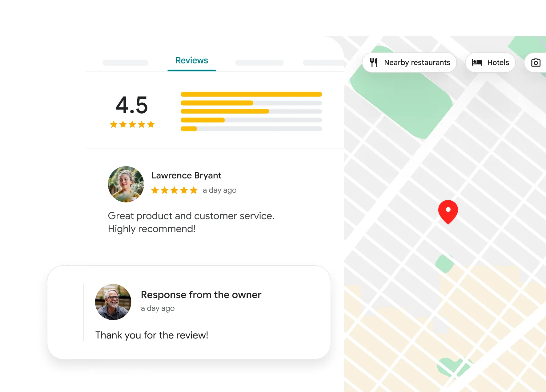 Google’s example of reviews, star ratings and an owner reply beside a map